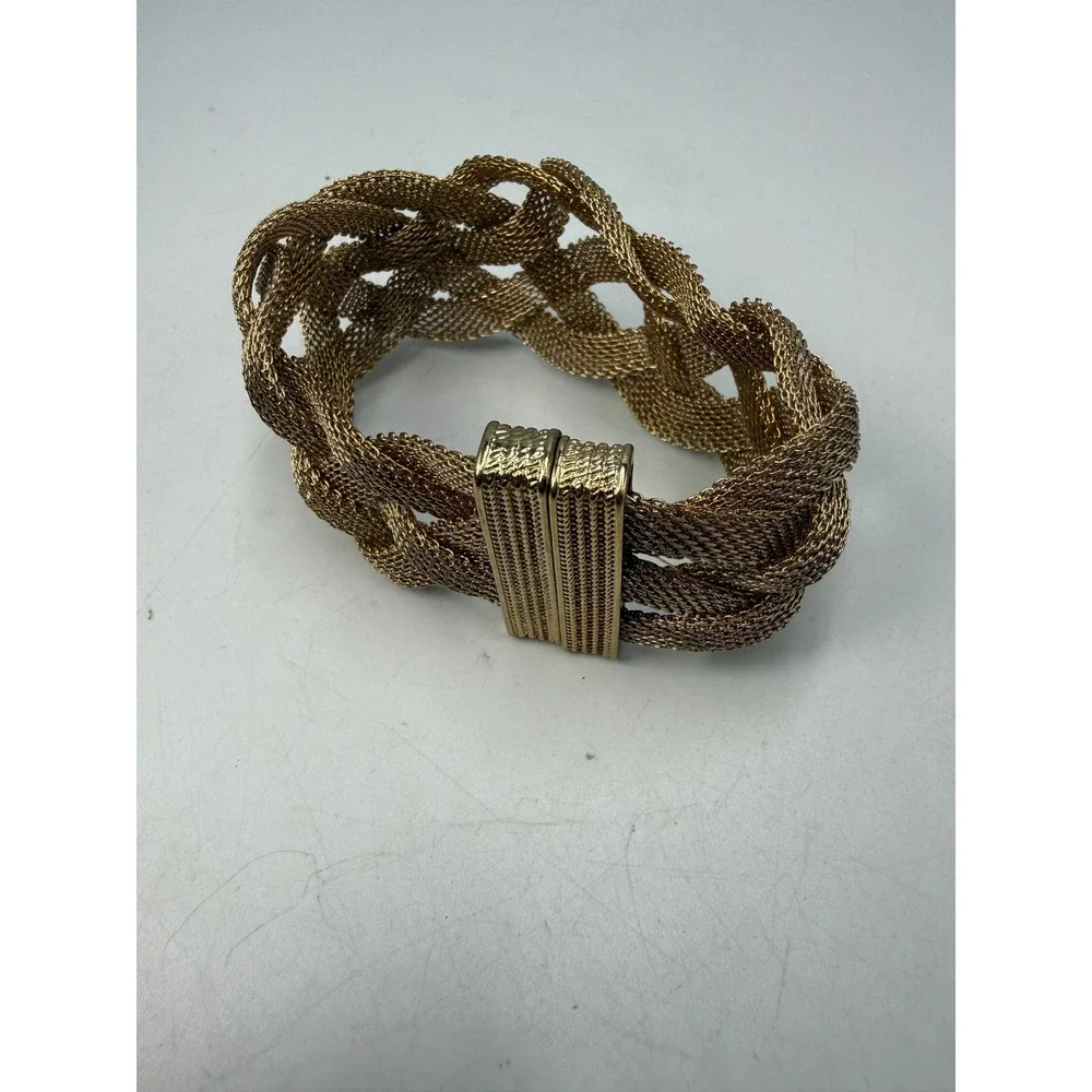 Vintage Gold Tone Braided Mesh Statement Cuff Bracelet Magnetic Clasp 7.5 Inch